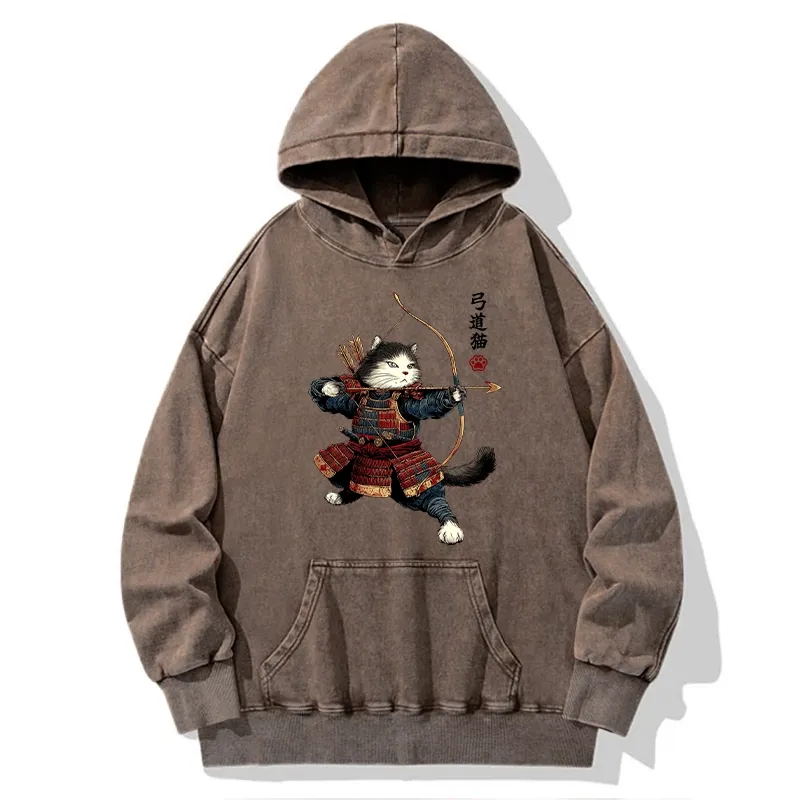 Tokyo-Tiger Kyudo Samurai Cat Washed Hoodie