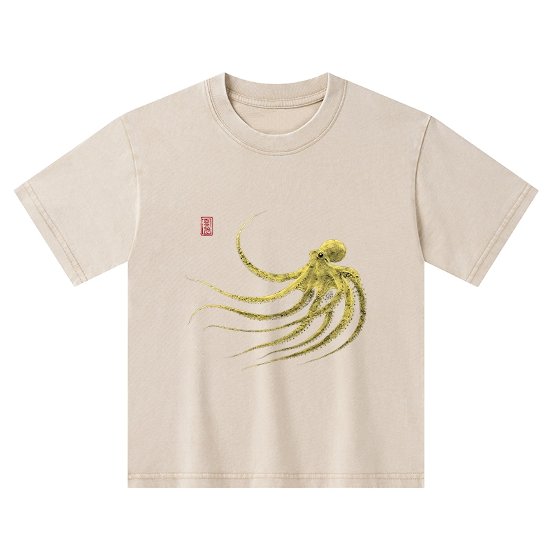 Tokyo-Tiger Retro Octopus Japanese Kids Washed T-Shirt