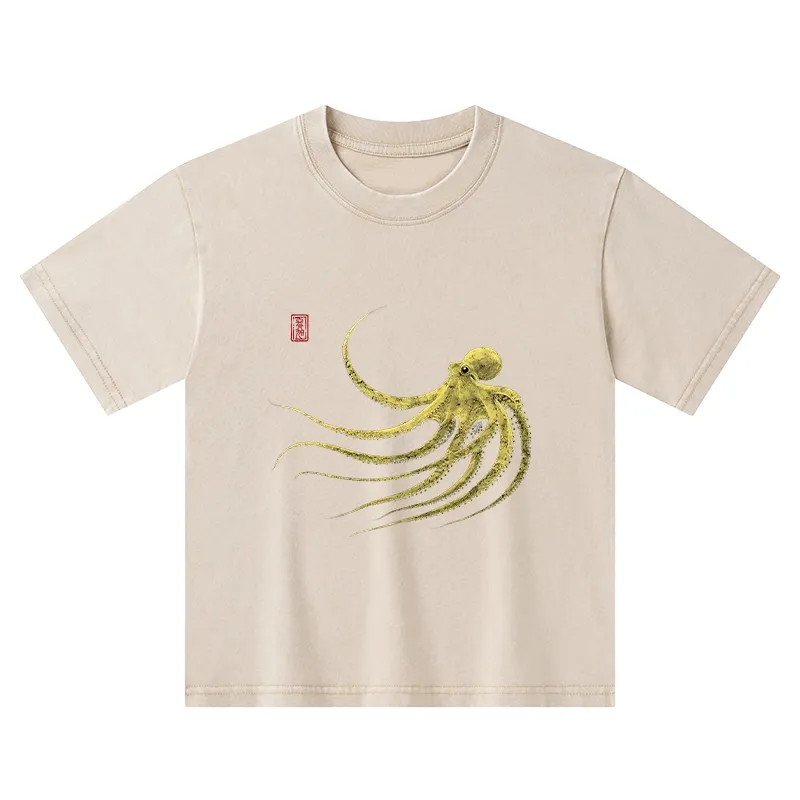 Tokyo-Tiger Retro Octopus Japanese Kids Washed T-Shirt