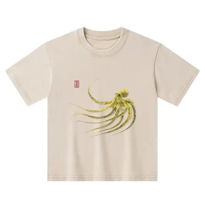 Tokyo-Tiger Retro Octopus Japanese Kids Washed T-Shirt