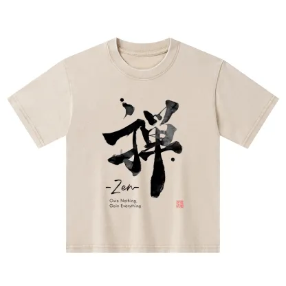 Tokyo-Tiger Zen Texts Kids Washed T-Shirt