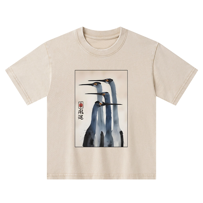 Tokyo-Tiger Retro Sandhill Crane Kids Washed T-Shirt