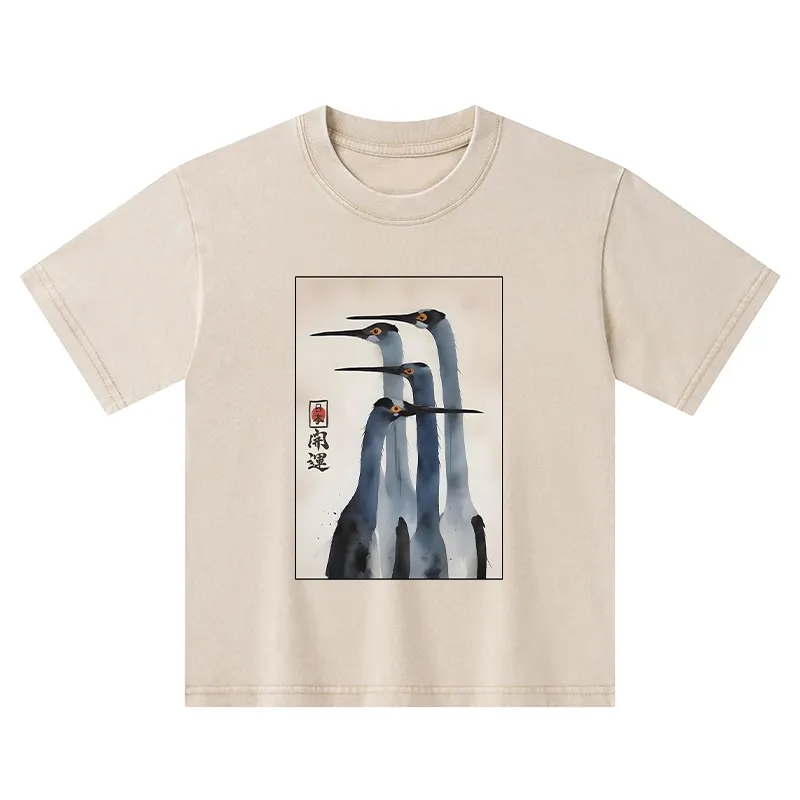 Tokyo-Tiger Retro Sandhill Crane Kids Washed T-Shirt