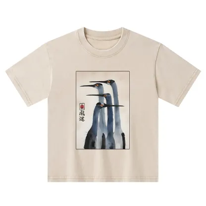 Tokyo-Tiger Retro Sandhill Crane Kids Washed T-Shirt