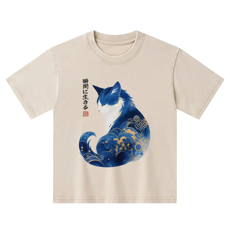Tokyo-Tiger Retro Zen Cat: Living the Present Kids Washed T-Shirt Sale