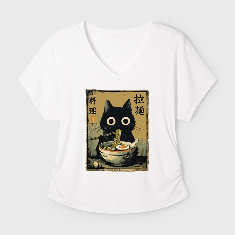 Tokyo-Tiger Cute Black Cat Eating Ramen Japan Modal Dolman Sleeve T-Shirt