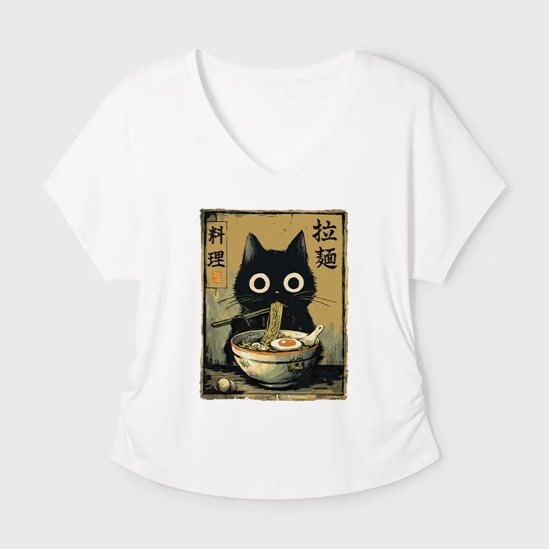 Tokyo-Tiger Cute Black Cat Eating Ramen Japan Modal Dolman Sleeve T-Shirt