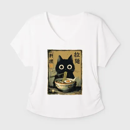 Tokyo-Tiger Cute Black Cat Eating Ramen Japan Modal Dolman Sleeve T-Shirt
