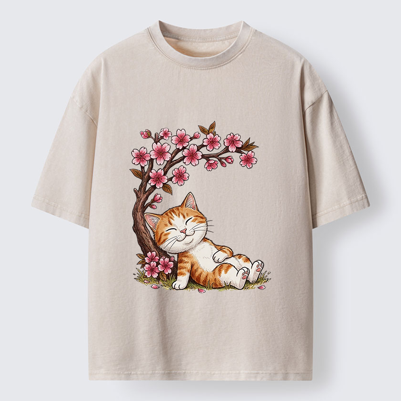 Tokyo-Tiger Cat Sleeps Under Sakura Washed T-Shirt