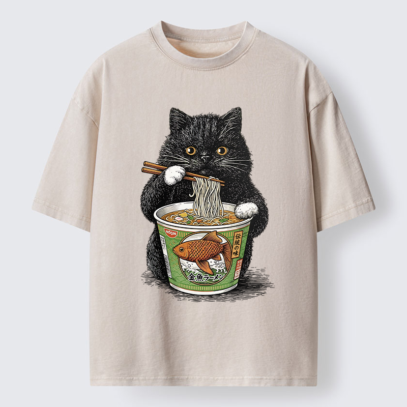 Tokyo-Tiger Black Cat Eating Japanese Food Washed T-Shirt
