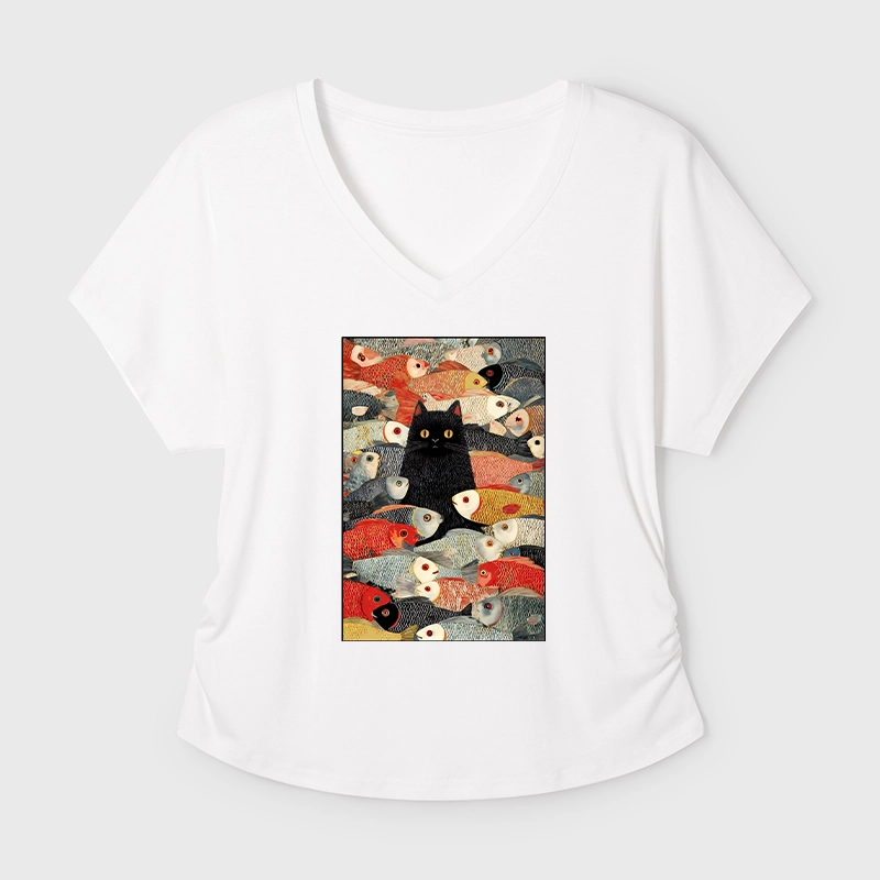 Tokyo-Tiger Cats And Fish Dolman Sleeve T-Shirt