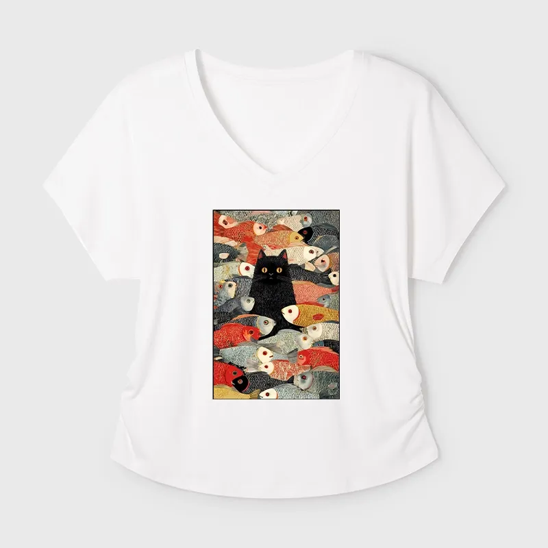 Tokyo-Tiger Cats And Fish Dolman Sleeve T-Shirt