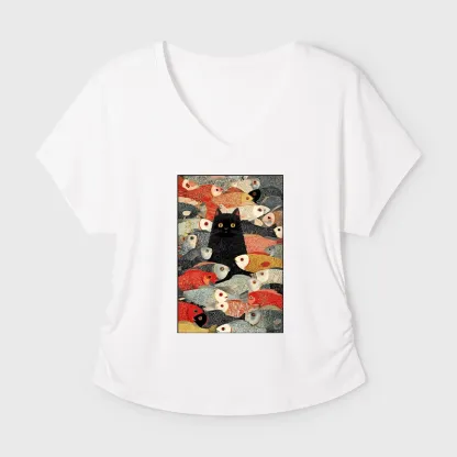 Tokyo-Tiger Cats And Fish Dolman Sleeve T-Shirt