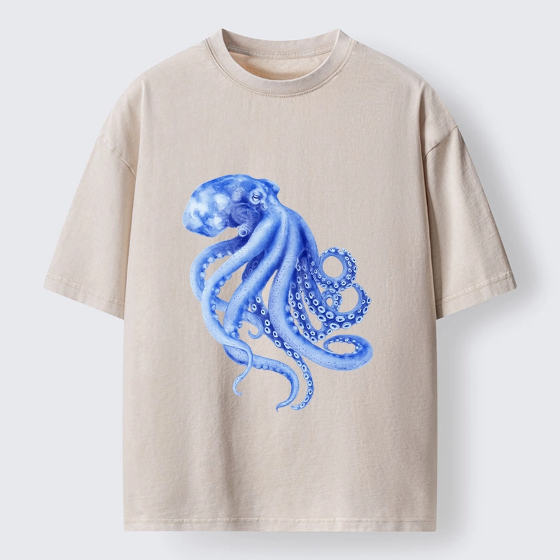 Tokyo-Tiger Retro Blue Octopus Washed T-Shirt