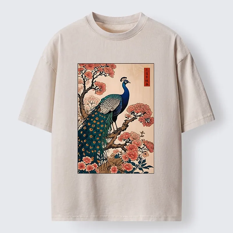 Tokyo-Tiger Vintage Peacock Woodblock Print Washed T-Shirt