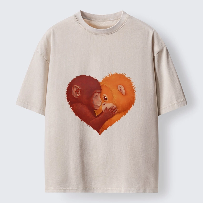 Tokyo-Tiger Monkey Love in a Heart Washed T-Shirt