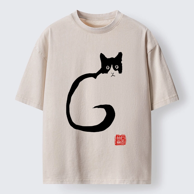 Tokyo-Tiger Calm Cat in Simple Lines Washed T-Shirt