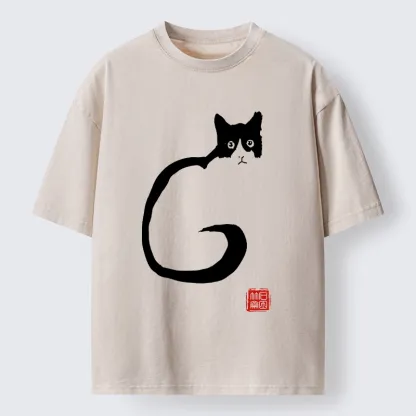 Tokyo-Tiger Calm Cat in Simple Lines Washed T-Shirt