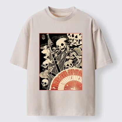 Tokyo-Tiger Dark Samurai Skeleton Art Washed T-Shirt