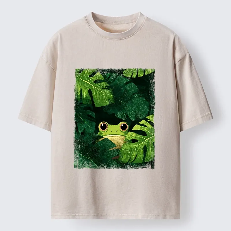 Tokyo-Tiger Frog Hiding in Green Leaves Washed T-Shirt Sale