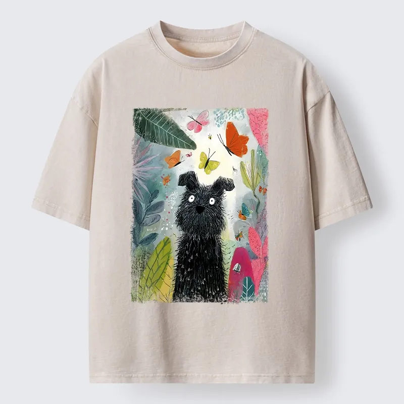 Tokyo-Tiger Black Dog Among Colorful Butterflies Washed T-Shirt