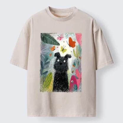 Tokyo-Tiger Black Dog Among Colorful Butterflies Washed T-Shirt