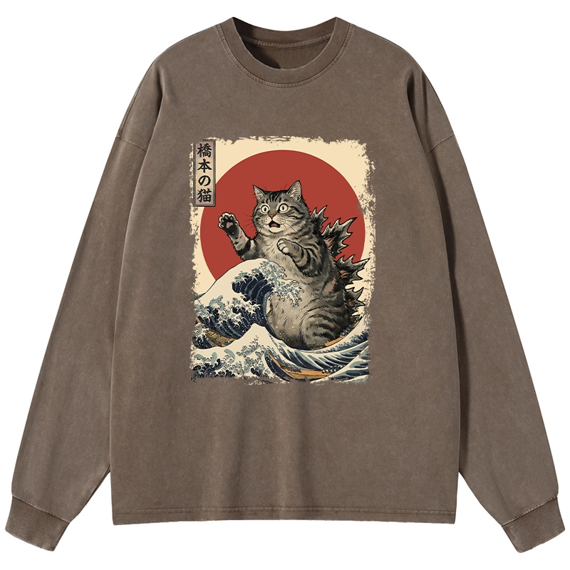 Tokyo-Tiger Catzilla Is Causing Destruction Washed Long Sleeve T-Shirt