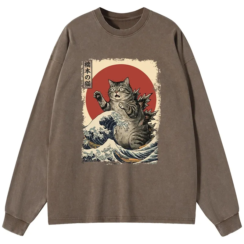 Tokyo-Tiger Catzilla Is Causing Destruction Washed Long Sleeve T-Shirt