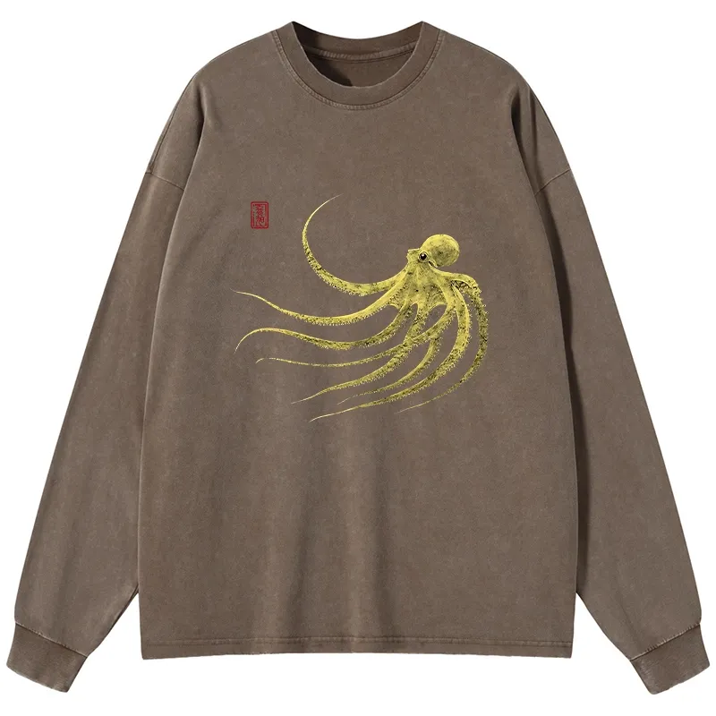 Tokyo-Tiger Retro Octopus Japanese Washed Long Sleeve T-Shirt