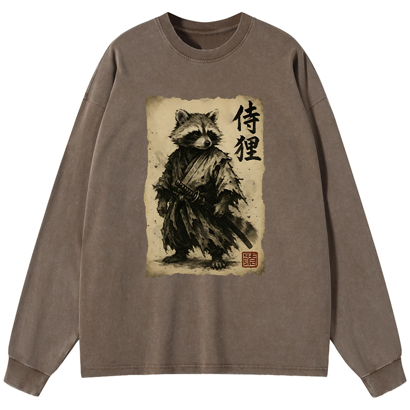 Tokyo-Tiger Retro Raccoon Samurai Washed Long Sleeve T-Shirt