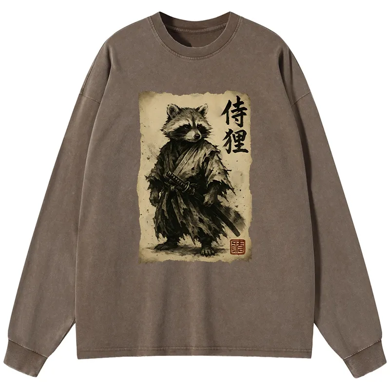 Tokyo-Tiger Retro Raccoon Samurai Washed Long Sleeve T-Shirt