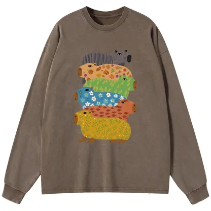 Tokyo-Tiger Colorful Capybaras Washed Long Sleeve T-Shirt