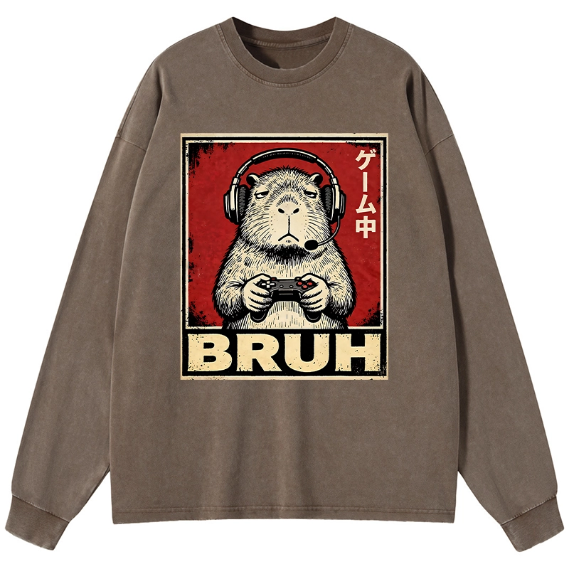 Tokyo-Tiger Funny Capybara Playing Games Washed Long Sleeve T-Shirt