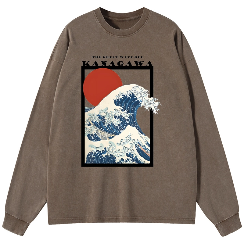 Tokyo-Tiger Minimalist Ukiyo-e Waves Washed Long Sleeve T-Shirt