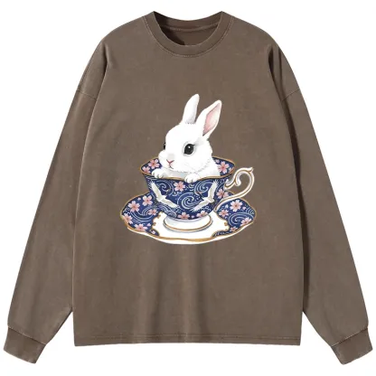Tokyo-Tiger Cute Rabbit Tea Set Washed Long Sleeve T-Shirt