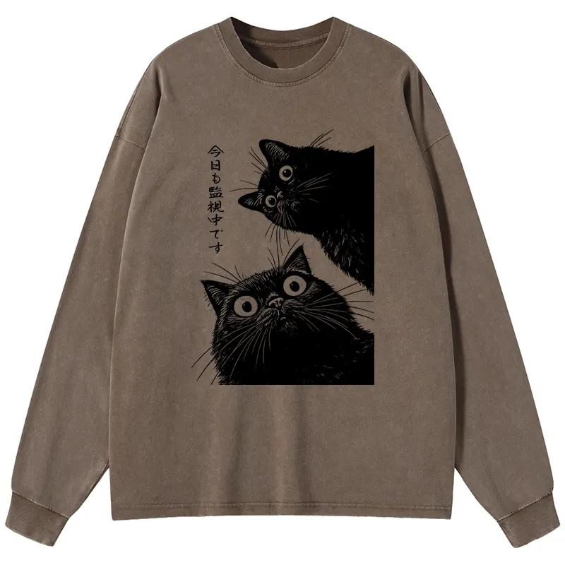 Tokyo-Tiger The Cat Is Watching Today Washed Long Sleeve T-Shirt