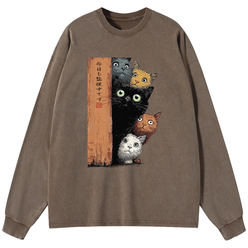 Tokyo-Tiger Five Cats Are Watching You Washed Long Sleeve T-Shirt