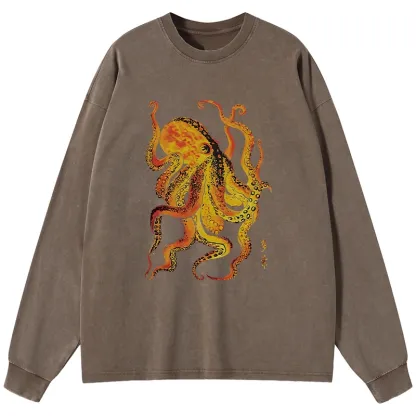 Tokyo-Tiger Deep Sea Gorgeous Octopus Washed Long Sleeve T-Shirt
