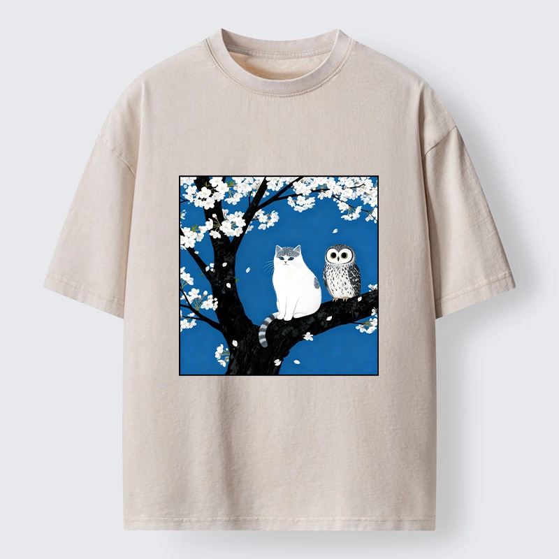 Tokyo-Tiger Cat and Owl Under Sakura Washed T-Shirt