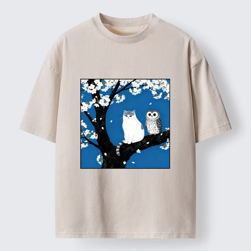 Tokyo-Tiger Cat and Owl Under Sakura Washed T-Shirt
