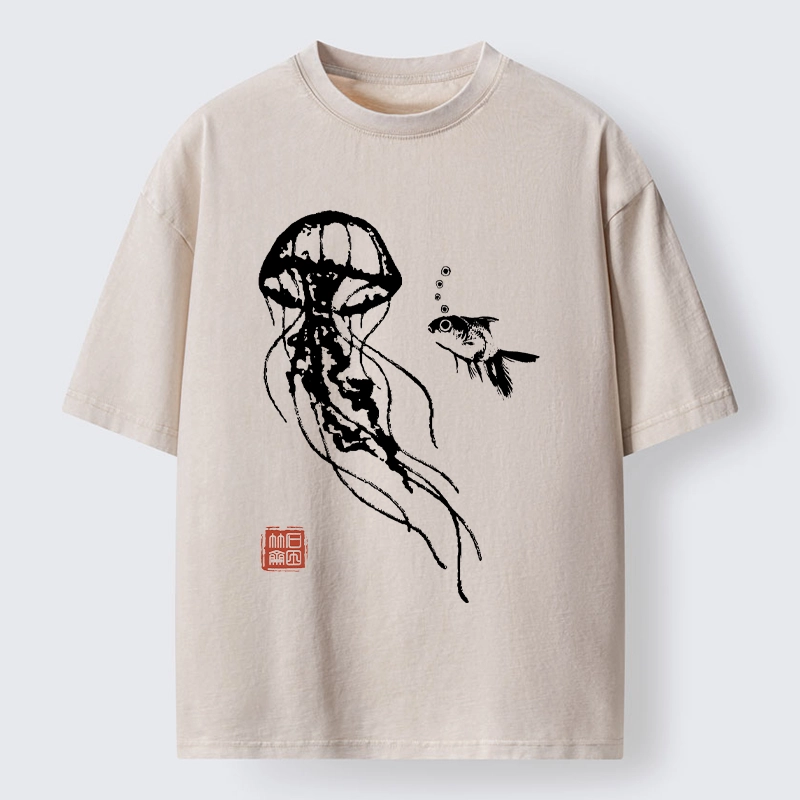 Tokyo-Tiger Ink Wash Jellyfish and Fish Washed T-Shirt
