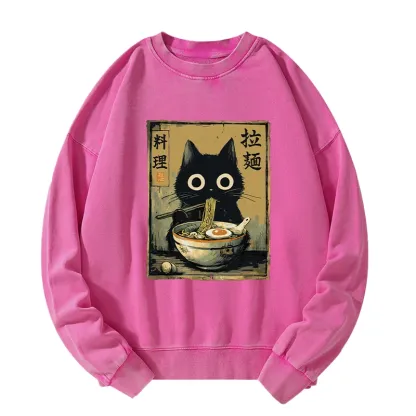 Tokyo-Tiger Cute Black Cat Eating Ramen Japan Washed Sweatshirt