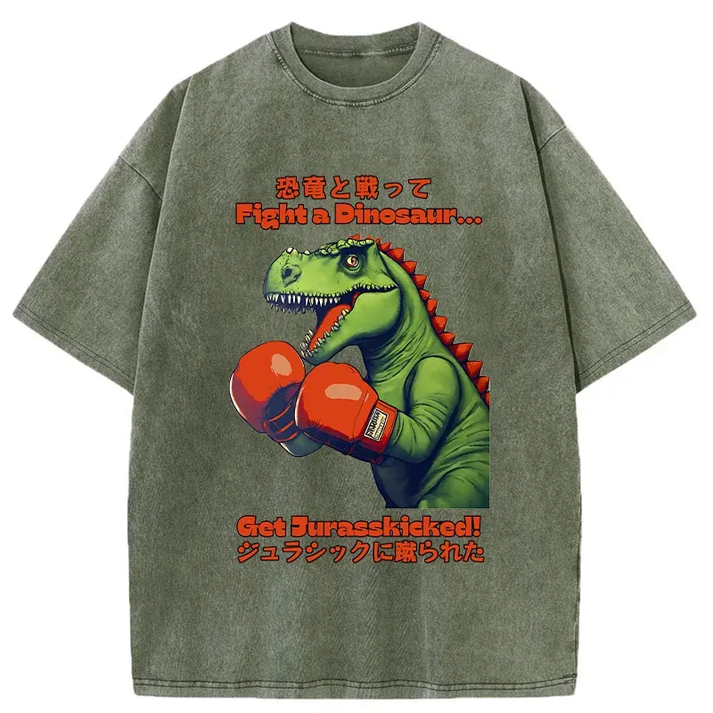 Tokyo-Tiger Fighting Dinosaurs Washed T-Shirt