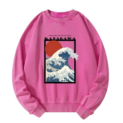 Tokyo-Tiger Minimalist Ukiyo-e Waves Washed Sweatshirt