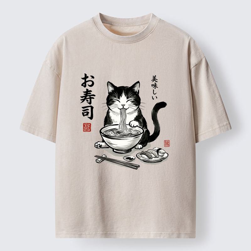 Tokyo-Tiger Cats Eat Japanese Food Washed T-Shirt