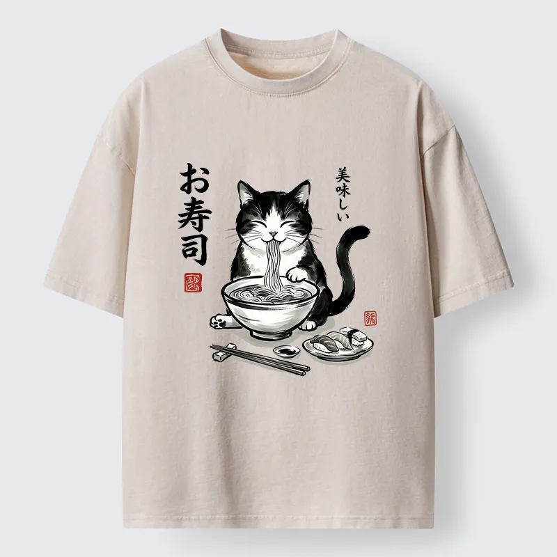 Tokyo-Tiger Cats Eat Japanese Food Washed T-Shirt