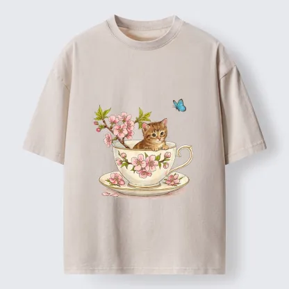 Tokyo-Tiger Cherry Blossom Teacup Kitten Washed T-Shirt