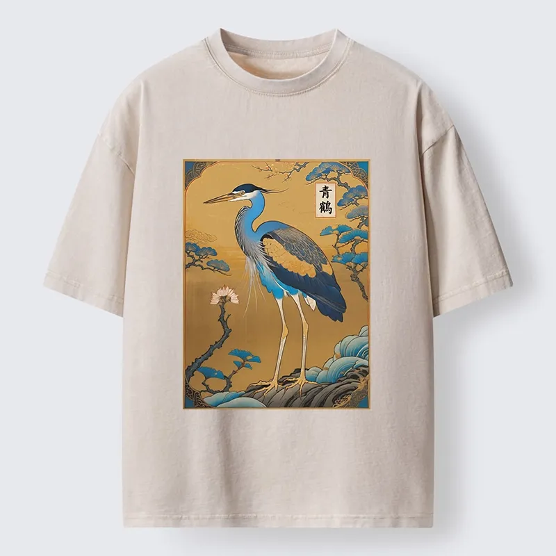 Tokyo-Tiger Golden Background Blue Heron Washed T-Shirt