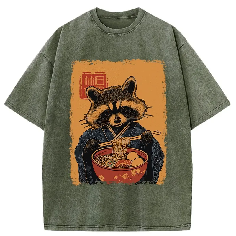 Tokyo-Tiger Ramen-obsessed Raccoon Washed T-Shirt