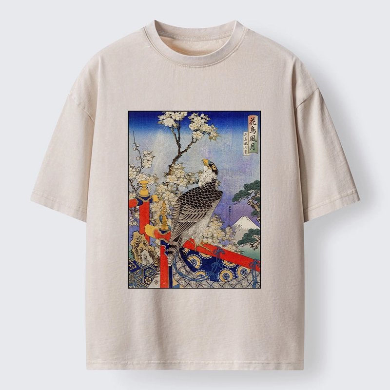 Tokyo-Tiger Sakura, Eagle And Mount Fuji In Ukiyo-E Washed T-Shirt